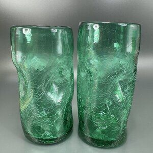 Crackle Green Glass Tumbler Pinched Dimpled Tumblers Cups Glasses Set 2 Vintage